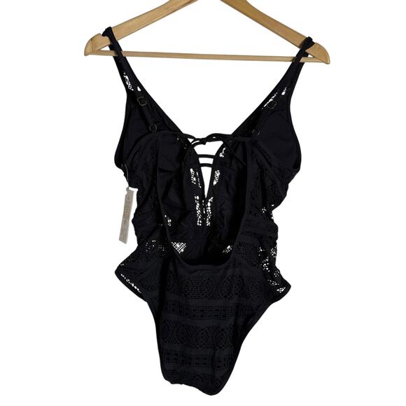 Becca Color Play Plunge Black Lace Open Back One Piece Swimsuit Size Medium - Picture 11 of 12